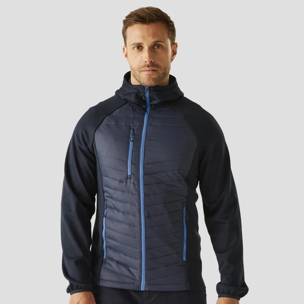 Model wearing the Regatta Navigate Hybrid Jacket in Navy / French Blue