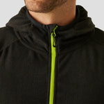 Close-up of model wearing the RG451 Regatta Navigate Full Zip Hooded Fleece Jacket in Black / Lime Green