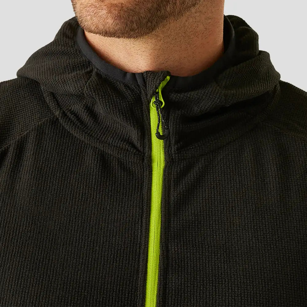 Close-up of model wearing the RG451 Regatta Navigate Full Zip Hooded Fleece Jacket in Black / Lime Green