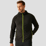 Model wearing the RG451 Regatta Navigate Full Zip Hooded Fleece Jacket in Black / Lime Green