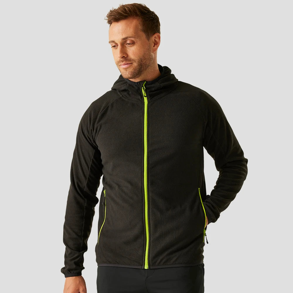 Model wearing the RG451 Regatta Navigate Full Zip Hooded Fleece Jacket in Black / Lime Green