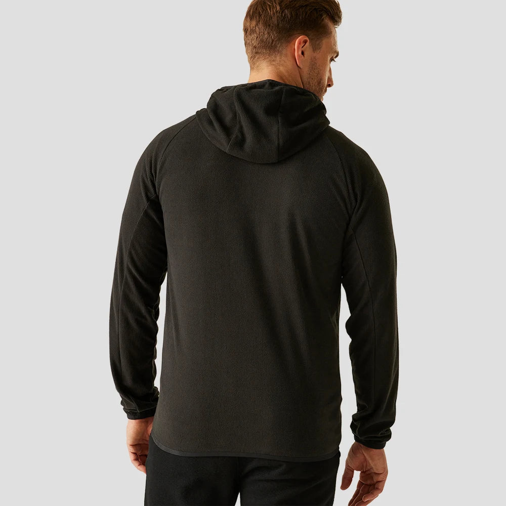 Rear view of Model wearing the RG451 Regatta Navigate Full Zip Hooded Fleece Jacket in Black / Classic Red
