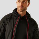 Close-up shot of Model wearing the RG451 Regatta Navigate Full Zip Hooded Fleece Jacket in Black / Classic Red