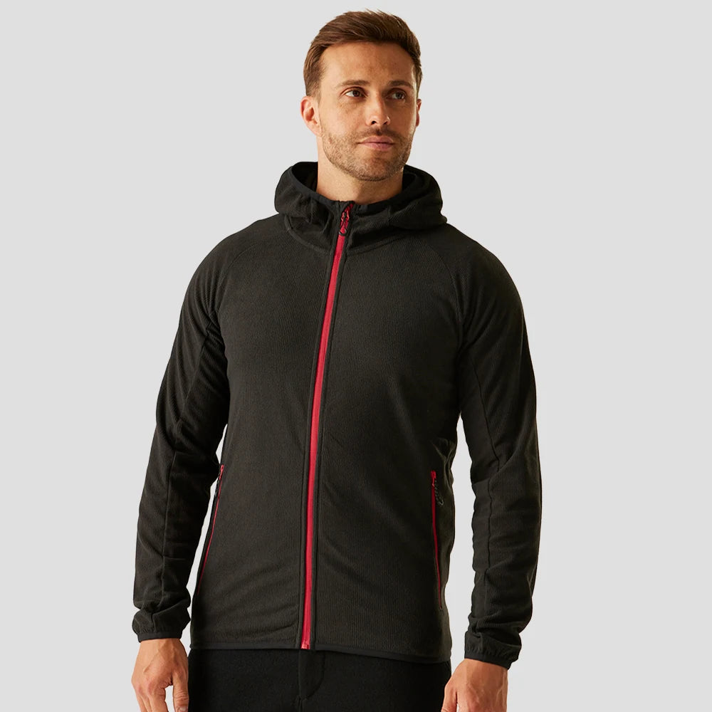 Model wearing the RG451 Regatta Navigate Full Zip Hooded Fleece Jacket in Black / Classic Red