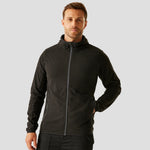 Model wearing the RG451 Regatta Navigate Full Zip Hooded Fleece Jacket in Black / Seal Grey