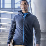 Model wearing the RG451 Regatta Navigate Full Zip Hooded Fleece Jacket in Navy / French Blue