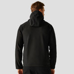Rear view of Model wearing the Regatta Navigate Two Layer Hooded Soft Shell Jacket RG454 in Black / Lime Green
