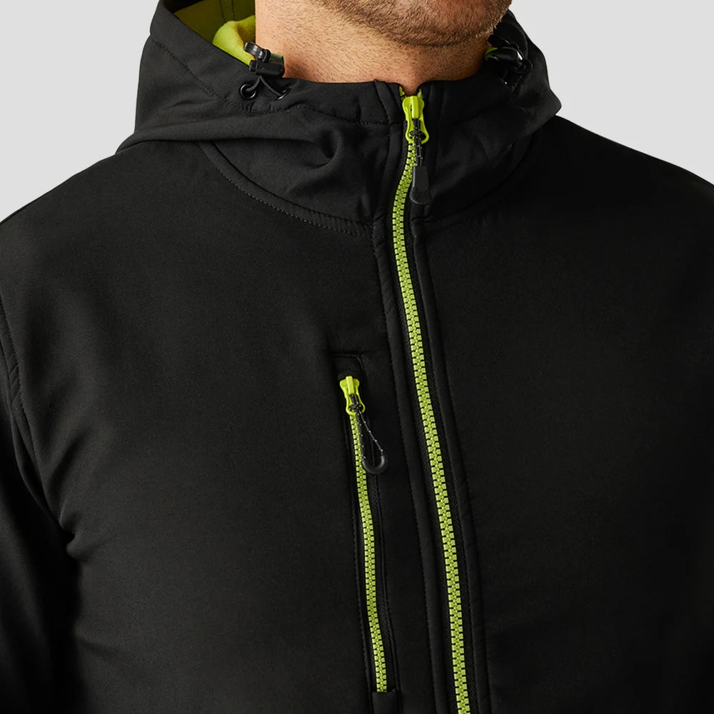 Close-up of model wearing the Regatta Navigate Two Layer Hooded Soft Shell Jacket RG454 in Black / Lime Green, showcasing the contrast zips
