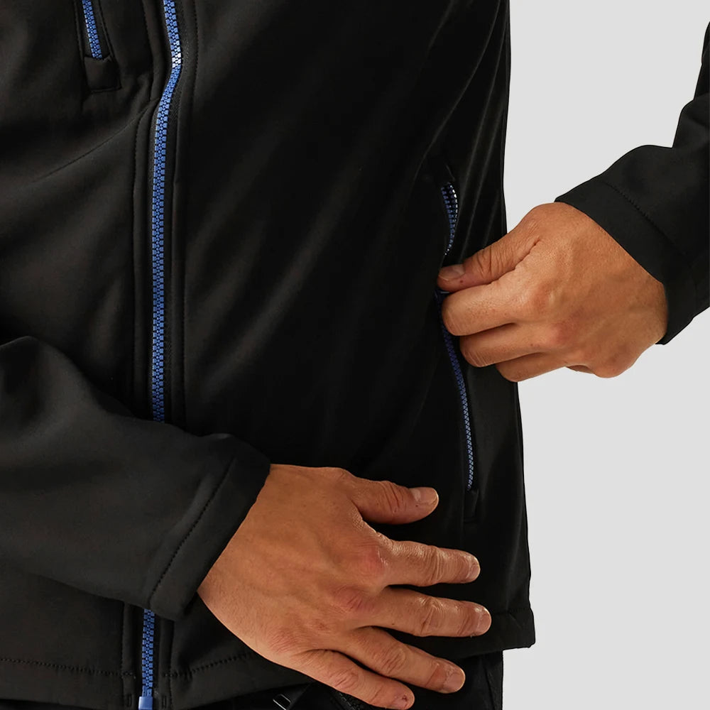 Close-up zip-view of model wearing the Regatta Navigate Two Layer Hooded Soft Shell Jacket RG454 in Black / New Royal