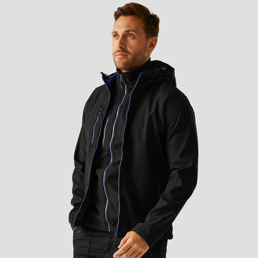 Model wearing the Regatta Navigate Two Layer Hooded Soft Shell Jacket RG454 in Black / New Royal Blue