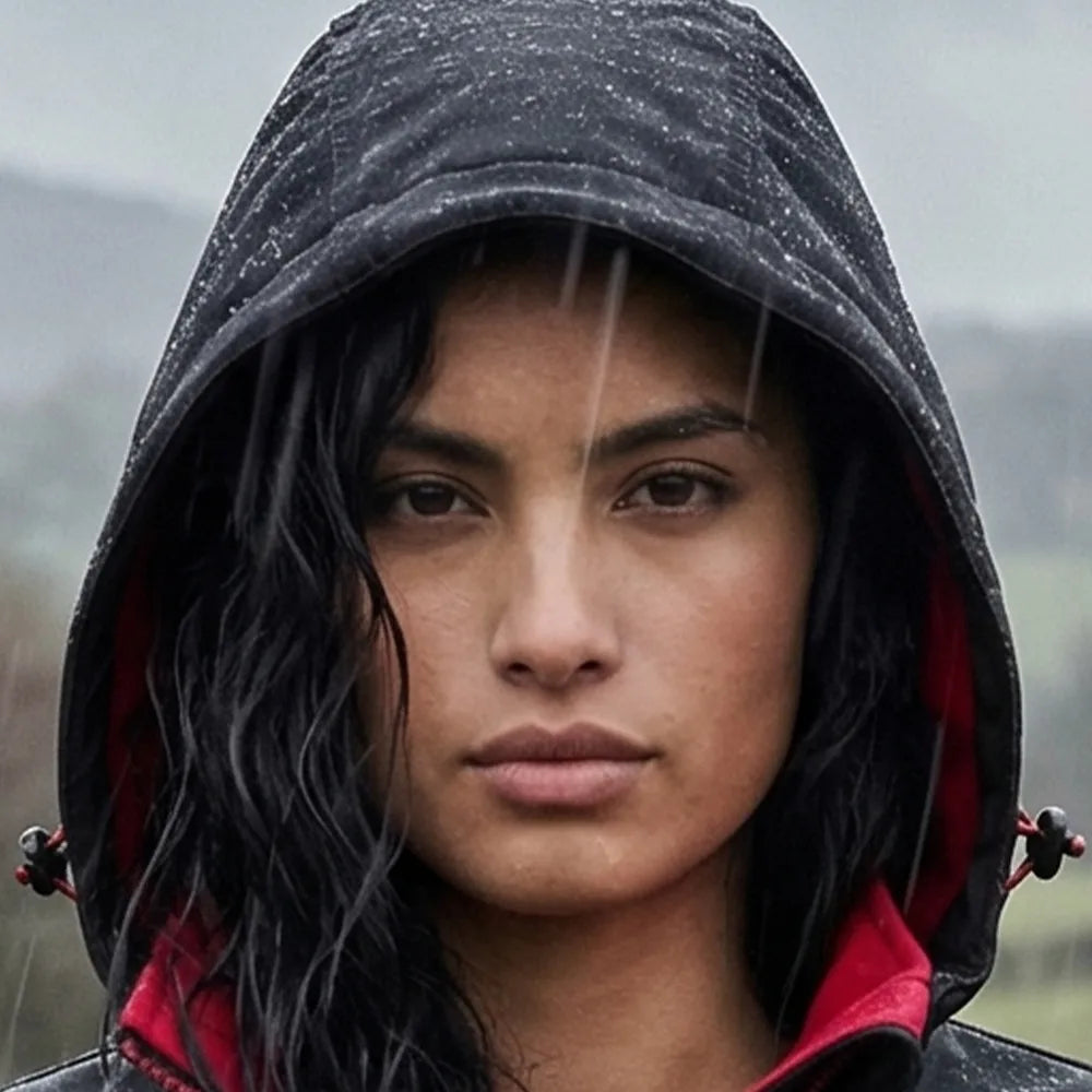 Model wearing the Regatta Navigate Two Layer Hooded Soft Shell Jacket RG454 in Black / Classic Red. hood up to show its showerproof qualities