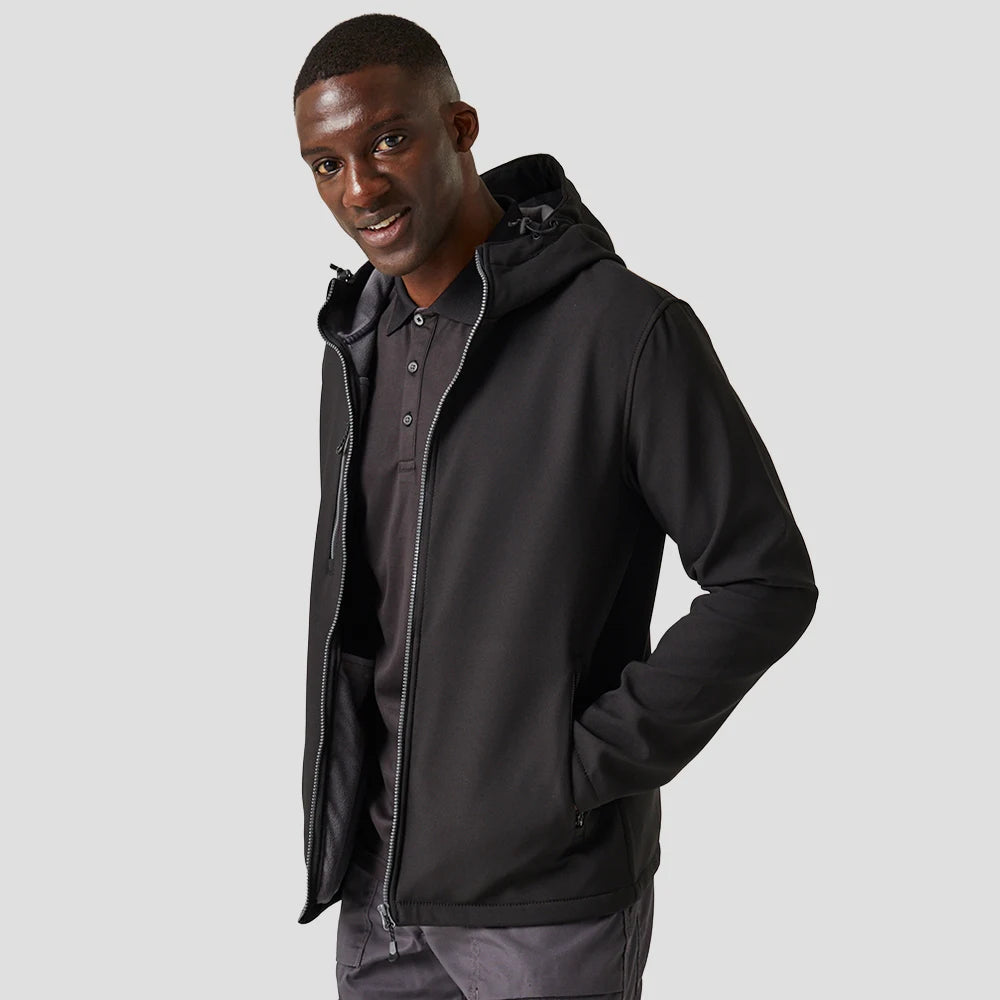 Model wearing the Regatta Navigate Two Layer Hooded Soft Shell Jacket RG454 in Black / Seal Grey