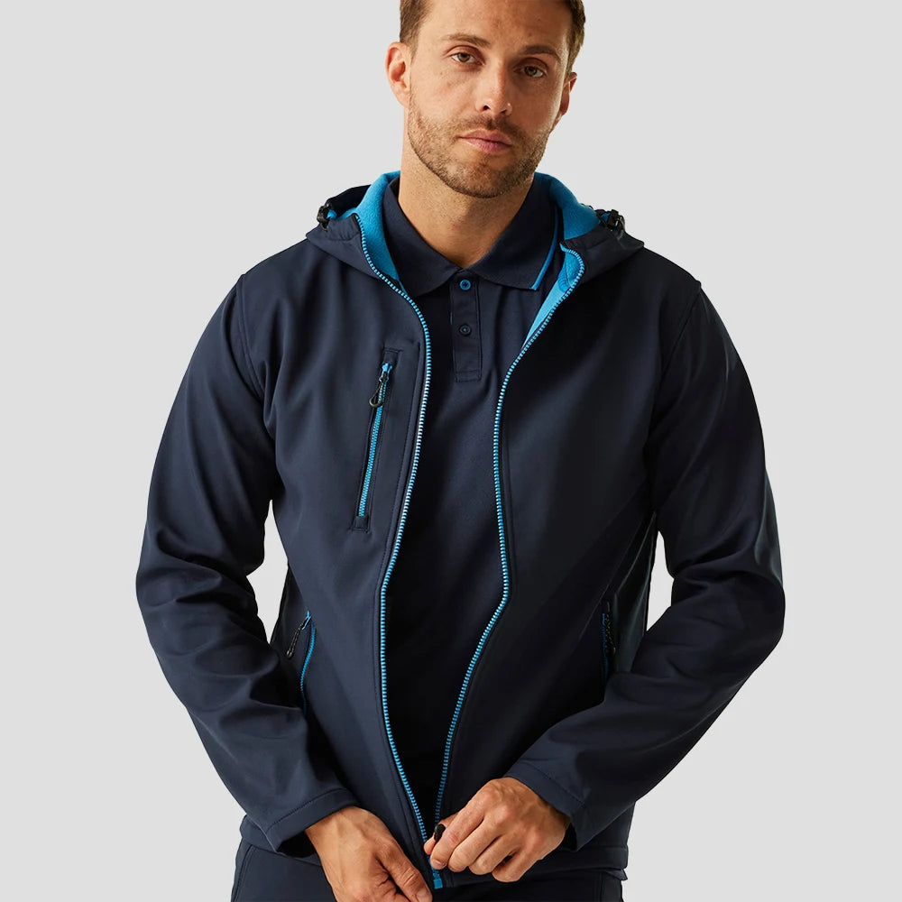 Model wearing the Regatta Navigate Two Layer Hooded Soft Shell Jacket RG454 in Navy / French Blue