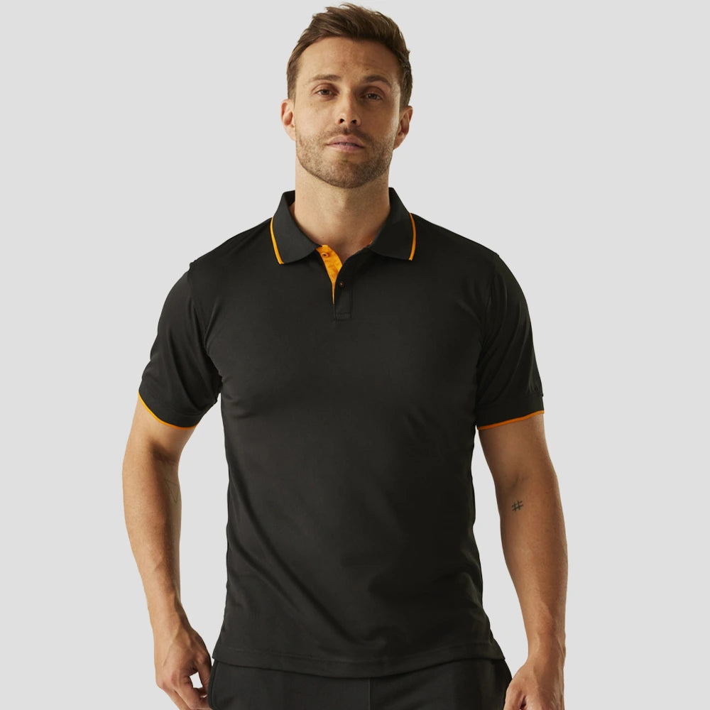 Model wearing the Regatta Navigate Polo Shirt in Black / Orange
