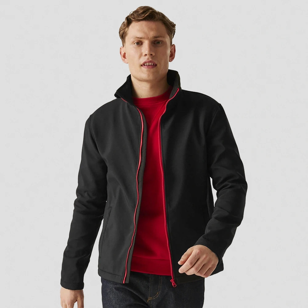 model wearing Regatta Ablaze Printable Soft Shell Jacket zip open