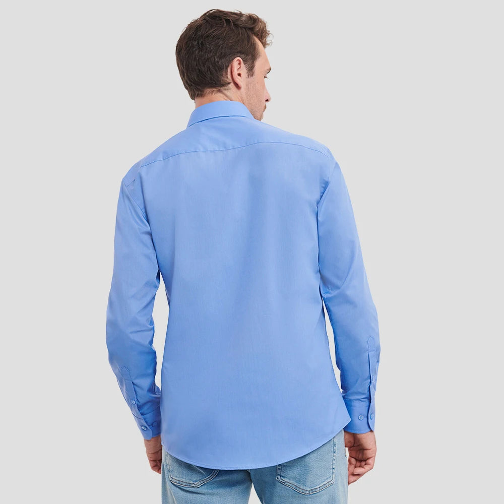 Rear view of Model wearing the Russell Collection Long Sleeve Tailored Poplin Shirt 924M in Corporate Blue