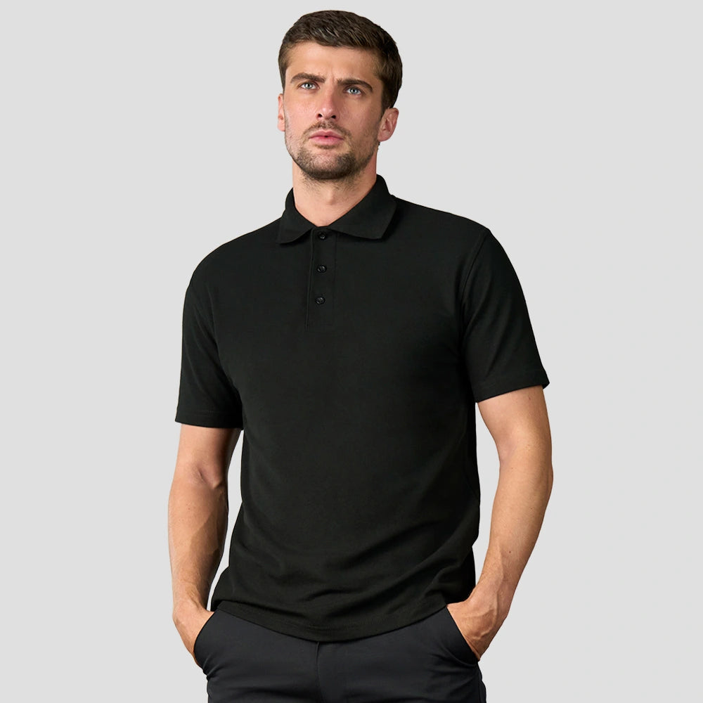 Rear view of model wearing the R101 Pro RTX Pique Polo Shirt in Black