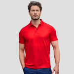 Model wearing the RX101 Pro RTX Pro Piqué Polo Shirt in Red