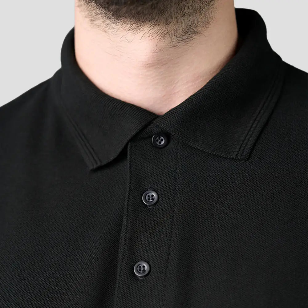 Close-up placket of the R110 Pro RTX Pique Polo Shirt in Black