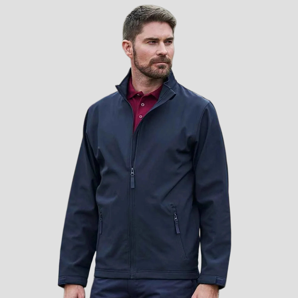 Model wearing the Pro RTX Pro Two Layer Soft Shell Jacket in Navy
