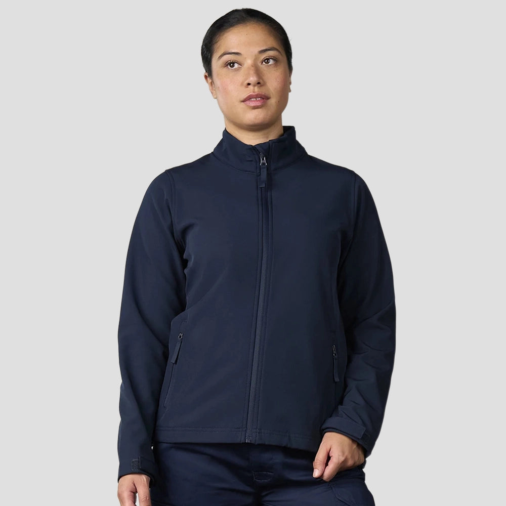 Model wearing the Pro RTX Ladies Pro Two Layer Soft Shell Jacket in Navy