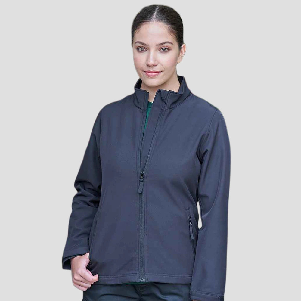 Model wearing the Pro RTX Ladies Pro Two Layer Soft Shell Jacket in Navy
