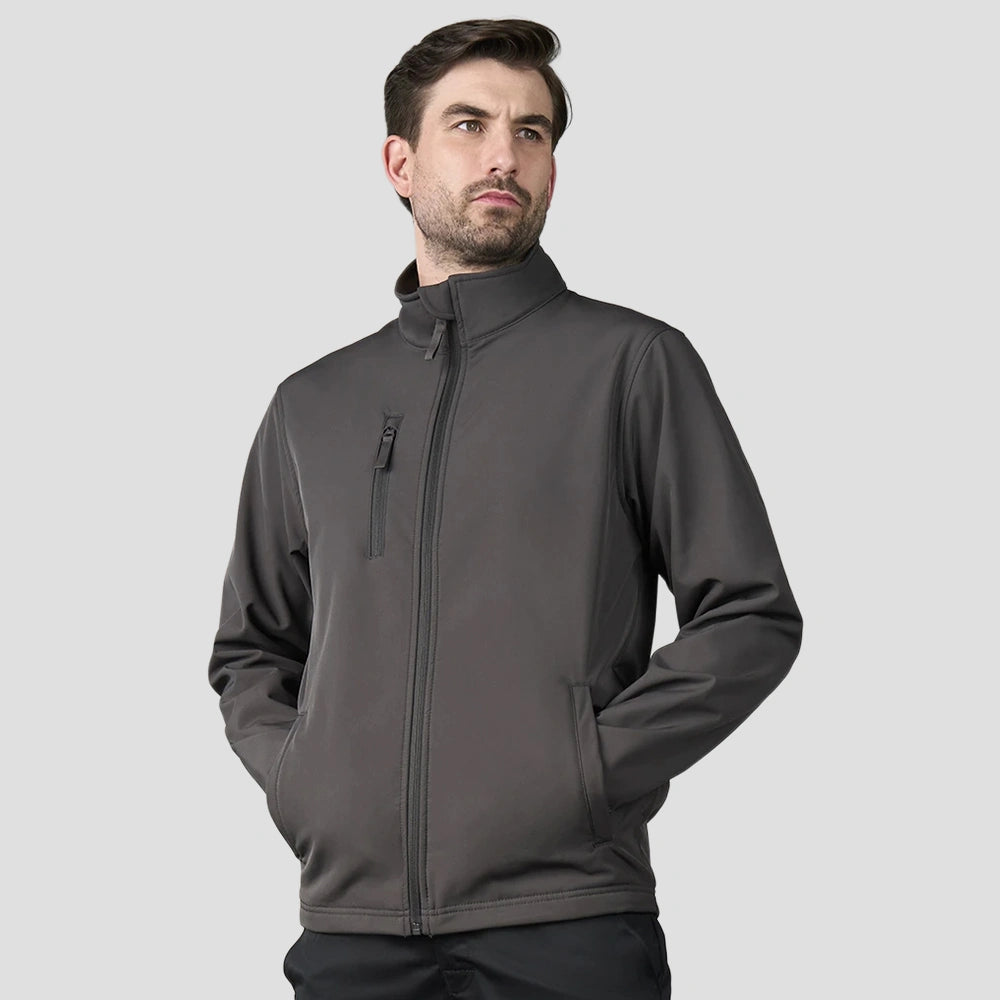 Model wearing the Pro RTX Pro Three Layer Soft Shell Jacket in Charcoal
