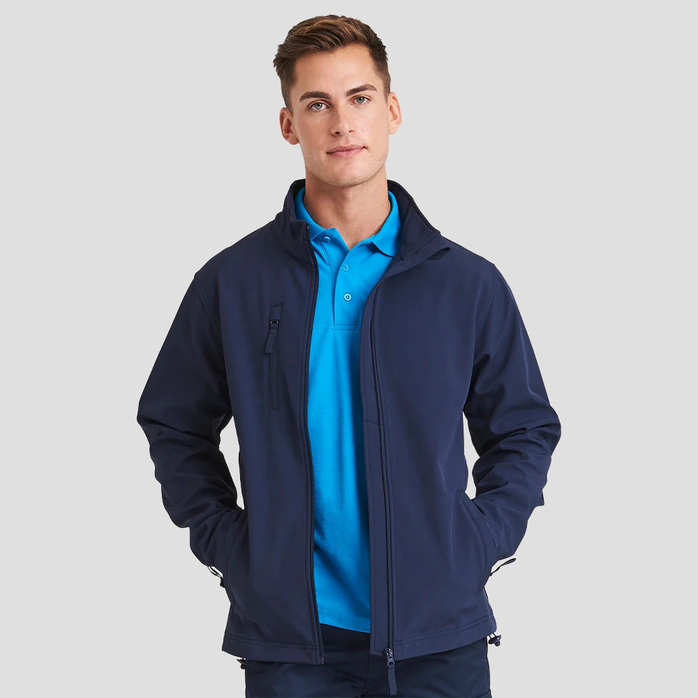 Model wearing the Pro RTX Pro Three Layer Soft Shell Jacket in an open style