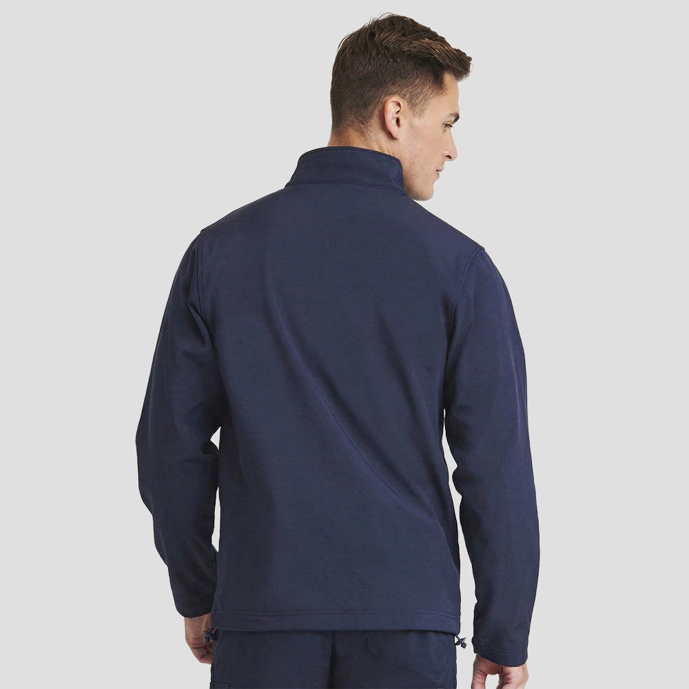Rear view of model wearing the Pro RTX Pro Three Layer Soft Shell Jacket in Navy