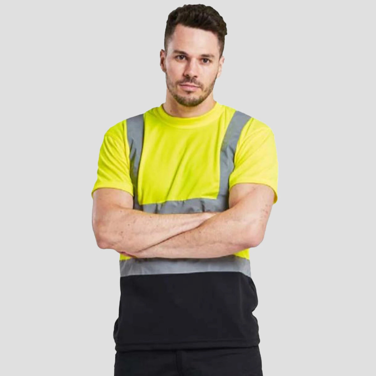 Model wearing the Portwest Hi-Vis Contrast T-Shirt S/S in Yellow/Navy.