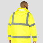 Rear view of model wearing the Portwest Hi-Vis Traffic Jacket S460 in Yellow.