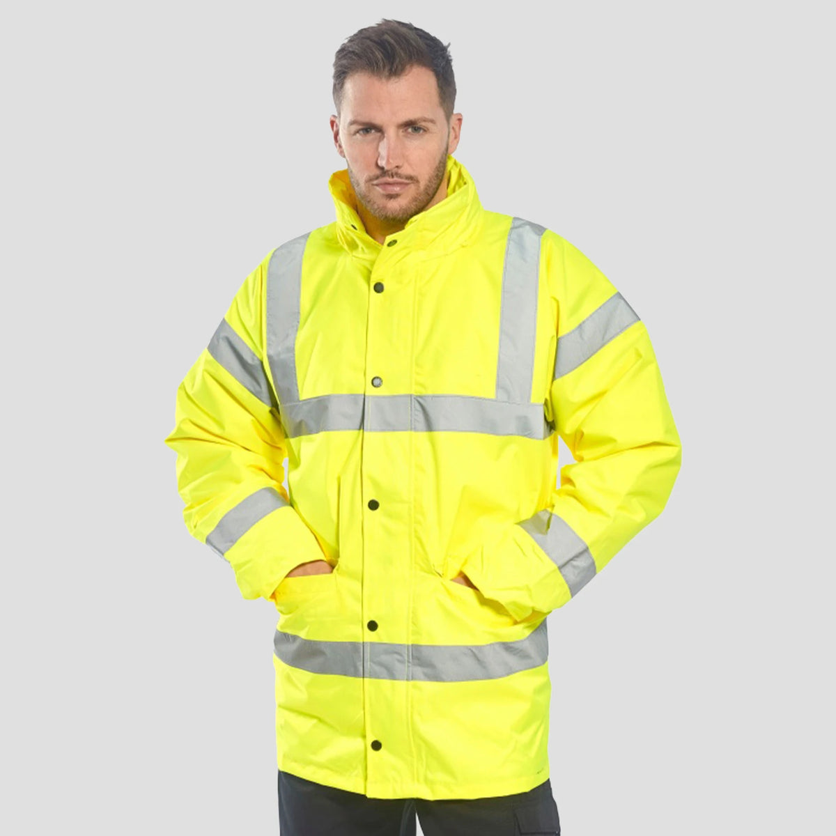 Model wearing the Portwest Hi-Vis Traffic Jacket S460 in Yellow.