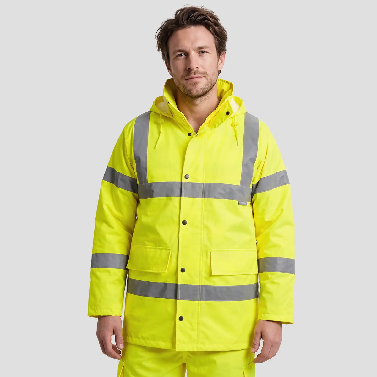 Model wearing the Portwest Hi-Vis Breathable Winter Traffic Jacket S461.