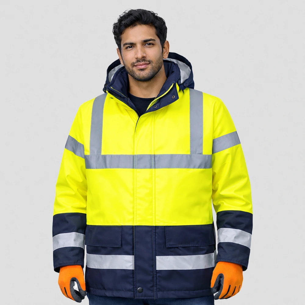 model wearing Hi-Vis Contrast Winter Traffic Jacket in yellow/navy