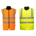 Two high-visibility safety vests displayed side by side on a plain white background. The left vest is bright orange with reflective silver stripes, and the right vest is bright yellow with reflective silver stripes.