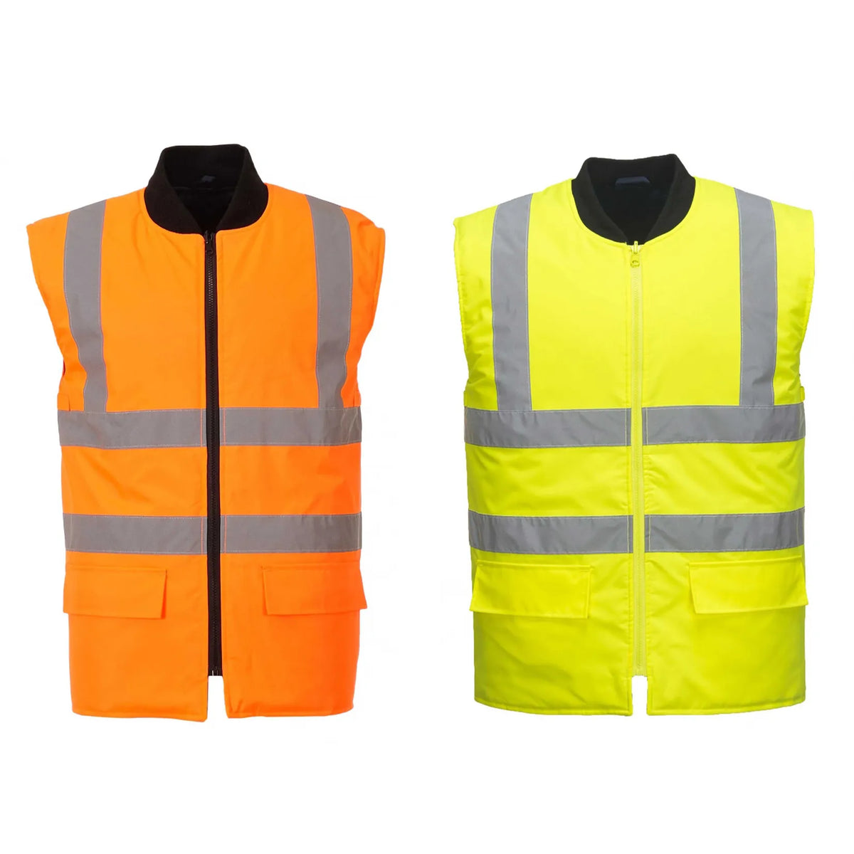 Two high-visibility safety vests displayed side by side on a plain white background. The left vest is bright orange with reflective silver stripes, and the right vest is bright yellow with reflective silver stripes.