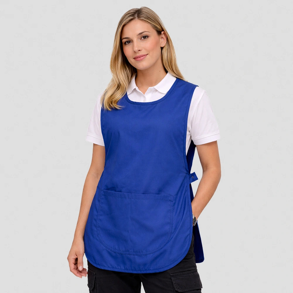 model wearing royal blue Tabard with Pocket