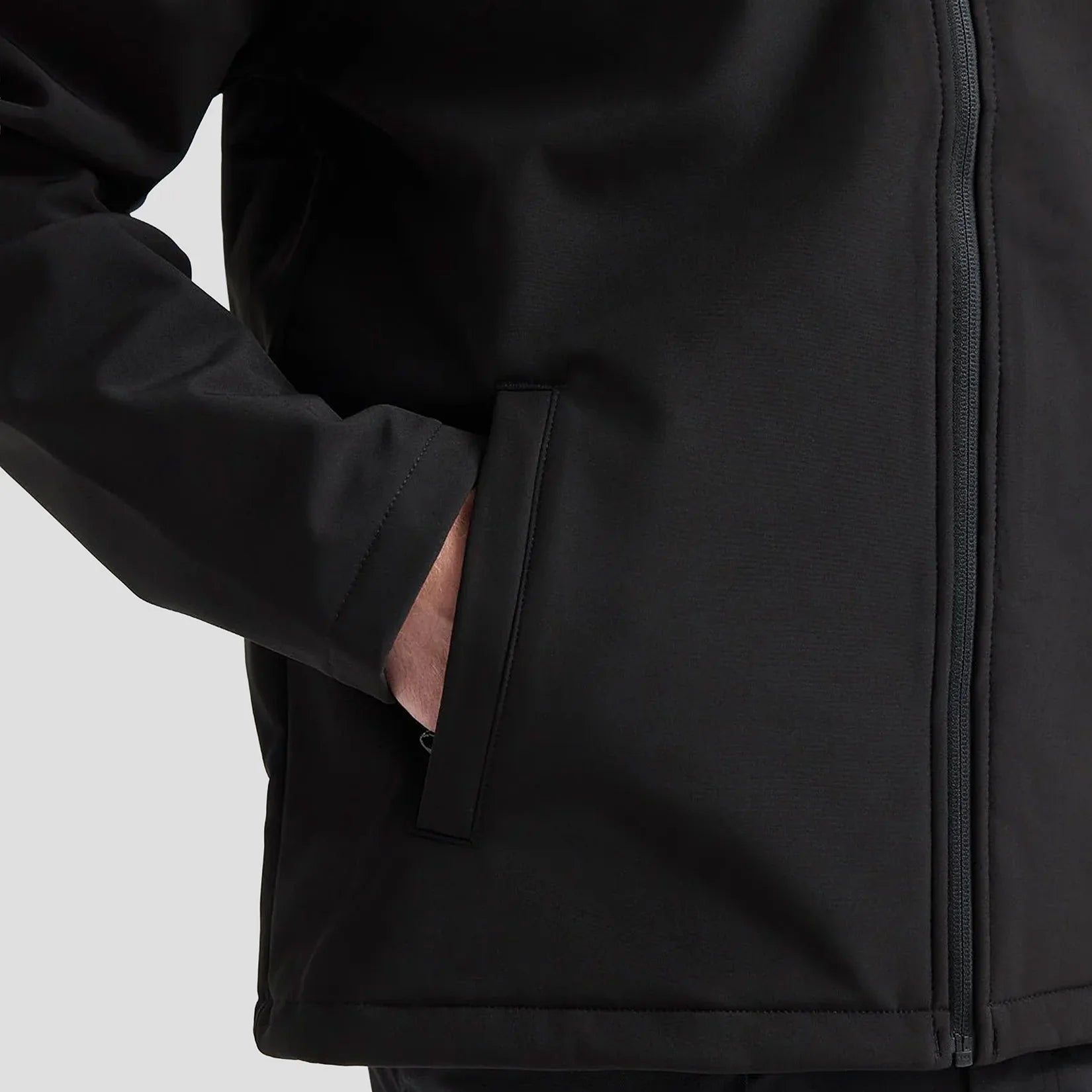 Close-up of Model wearing the SimplyDiag Network Full Zip Soft Shell Jacket UC612 in Black