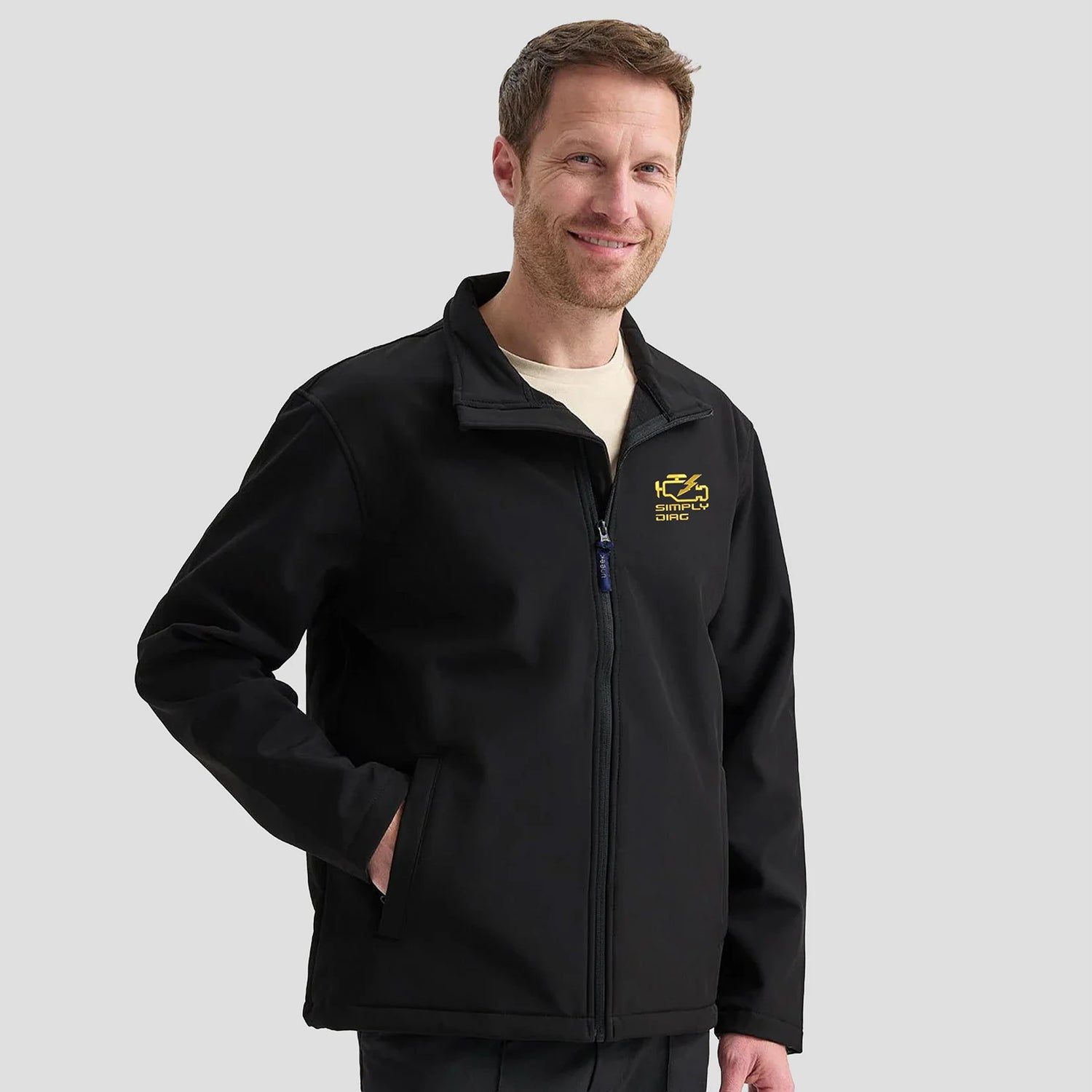 Model wearing the SimplyDiag Network Full Zip Soft Shell Jacket UC612 in Black