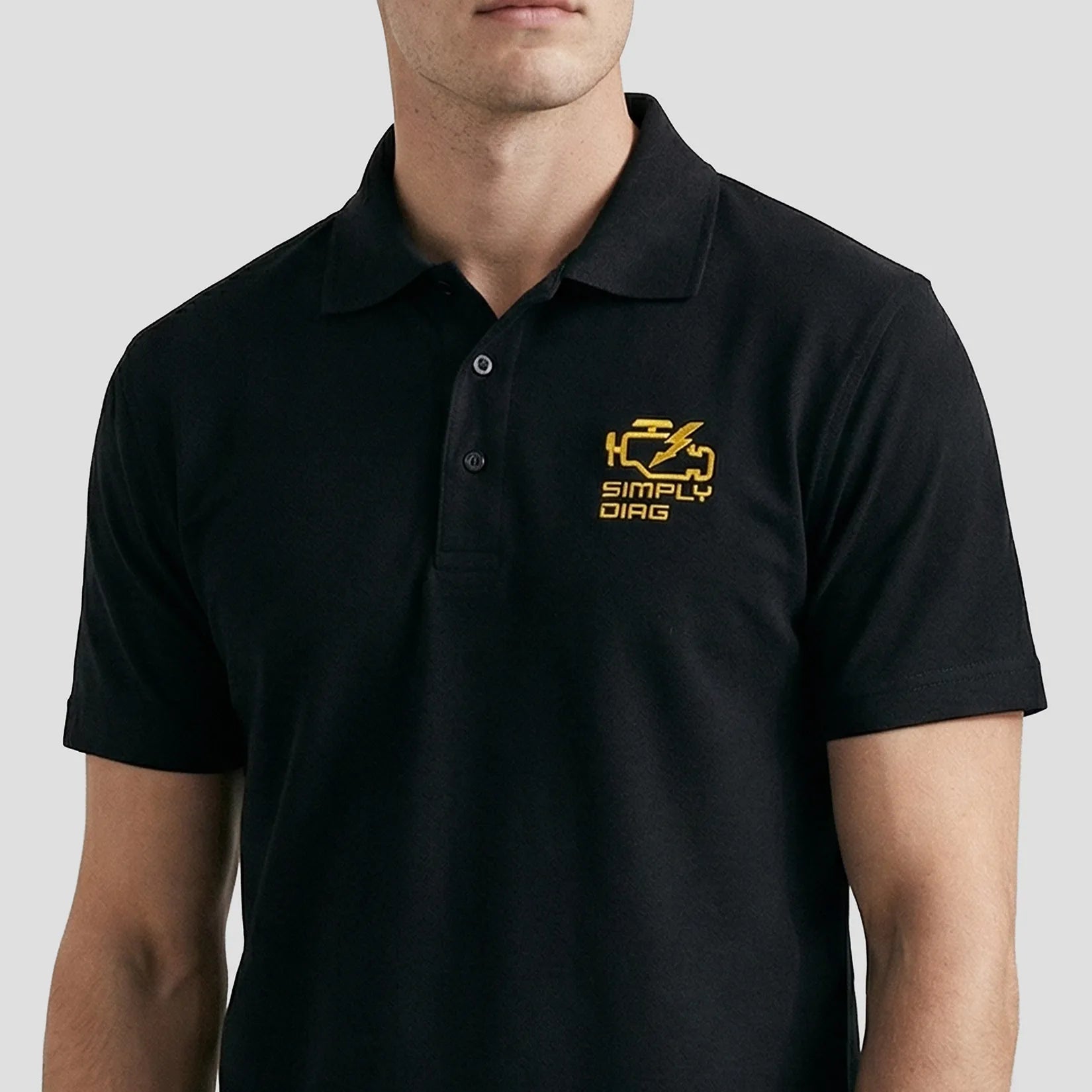 Close up of Model wearing the SimplyDiag Network Polo Shirt
