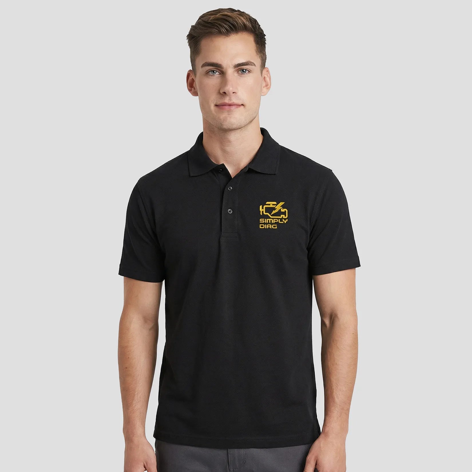 Model wearing the SimplyDiag Network Polo Shirt