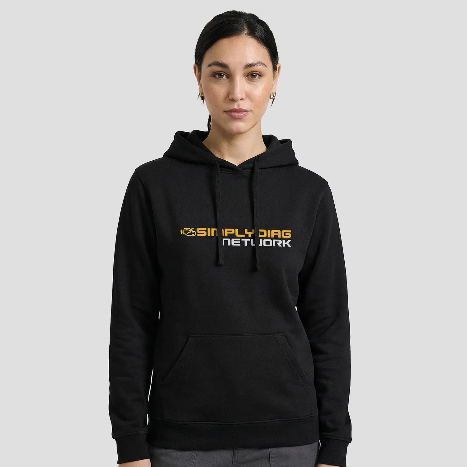 Model wearing the SimplyDiag Printed Hoodie