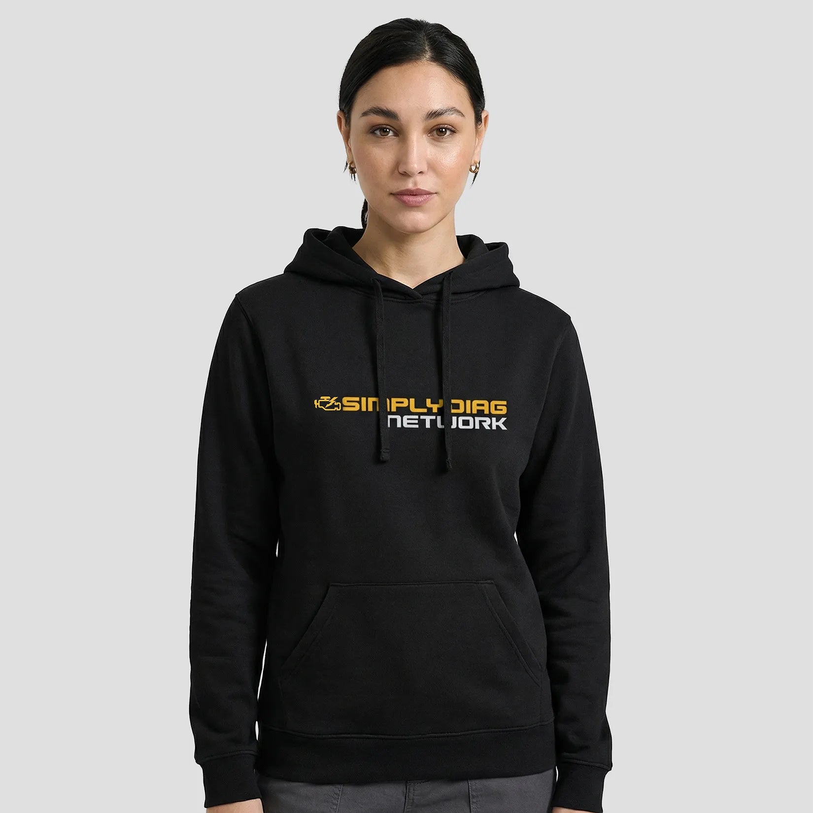 Model wearing the SimplyDiag Printed Hoodie