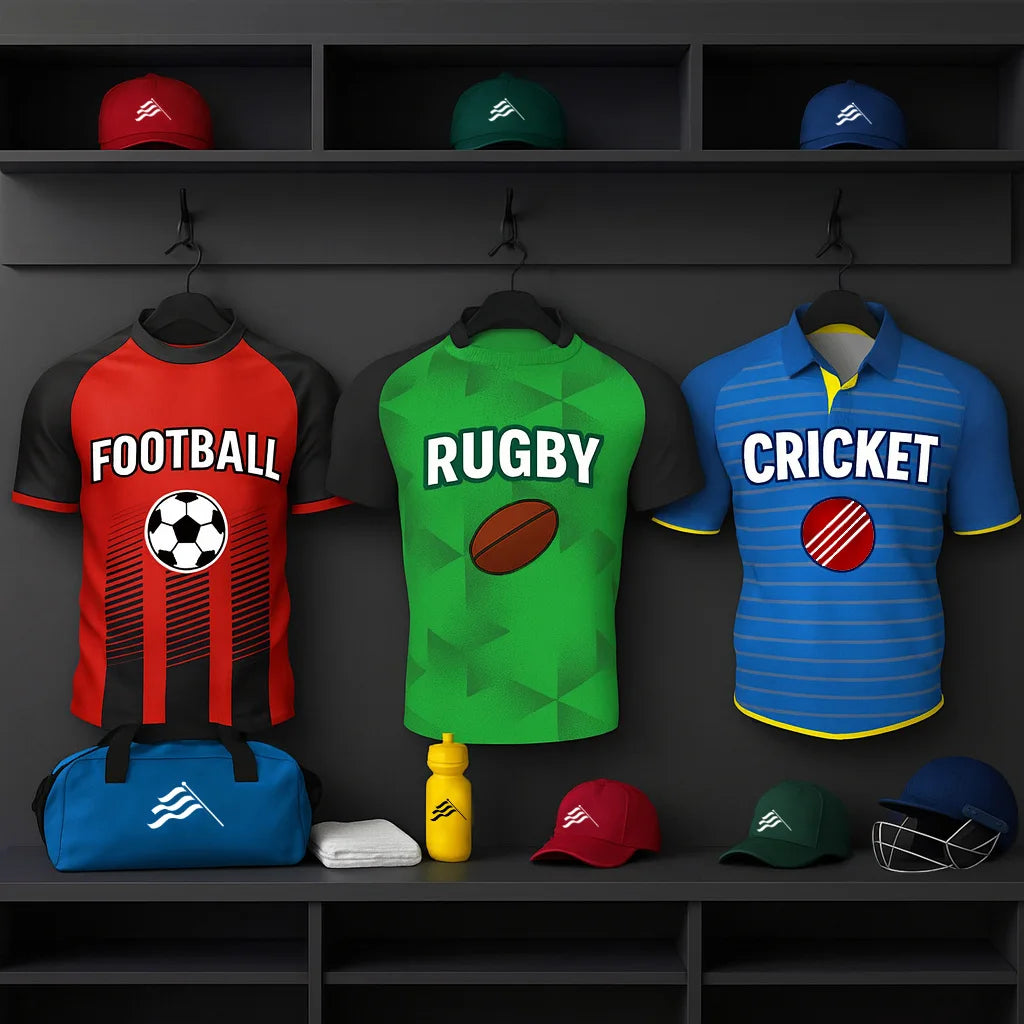 Three sports-themed shirts labelled 'Football', 'Rugby', and 'Cricket' with sports equipment.