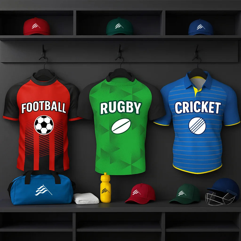 Shirts labelled 'Football', 'Rugby', and 'Cricket' on hangers with sports equipment below