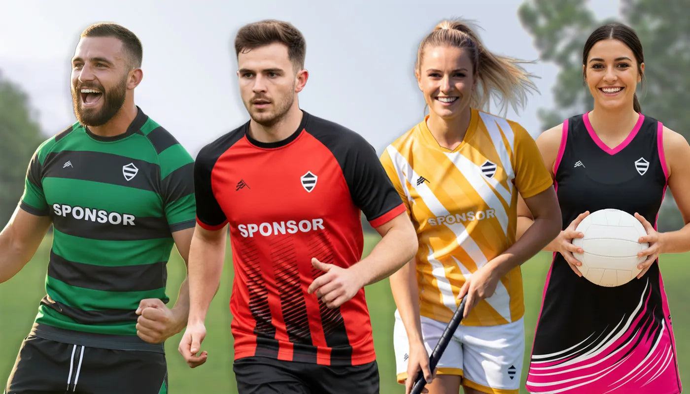 4 athletes wearing Buccaneer Group rugby, football, hockey, and netball sportswear