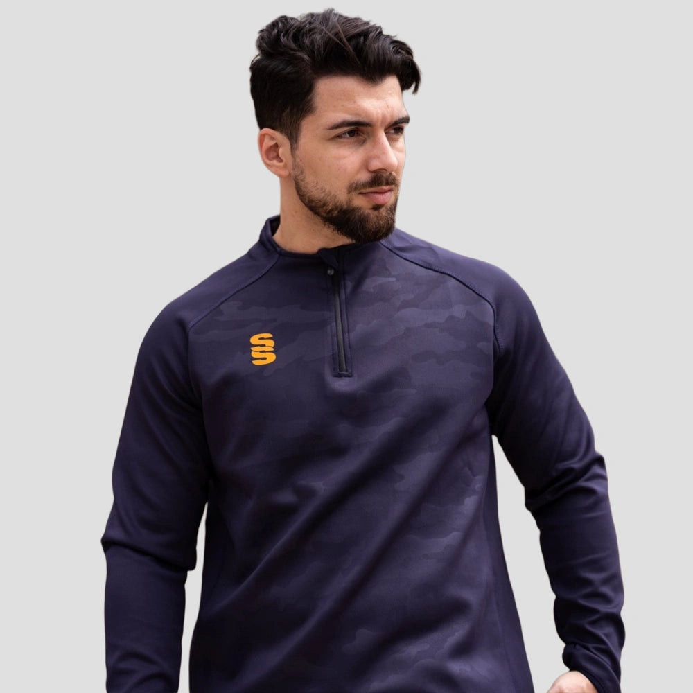 Model wearing the Stuart Surridge Camo Performance Top - Navy