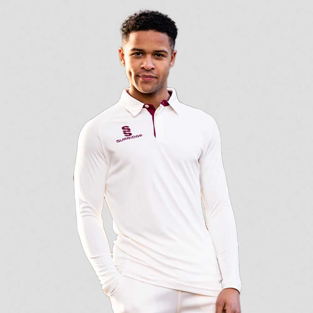 model wearing Stuart Surridge ERGO Long Sleeve Cricket Shirt