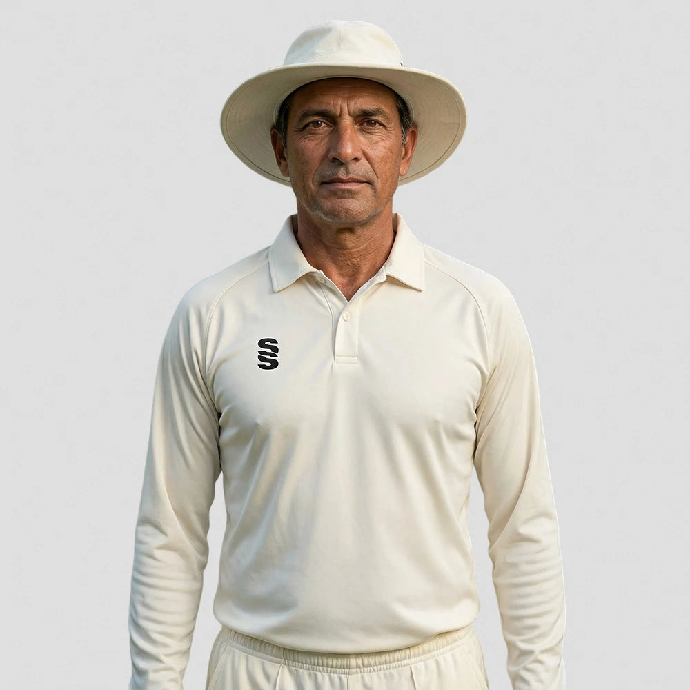 model wearing Stuart Surridge Fuse Long Sleeve Cricket Shirt