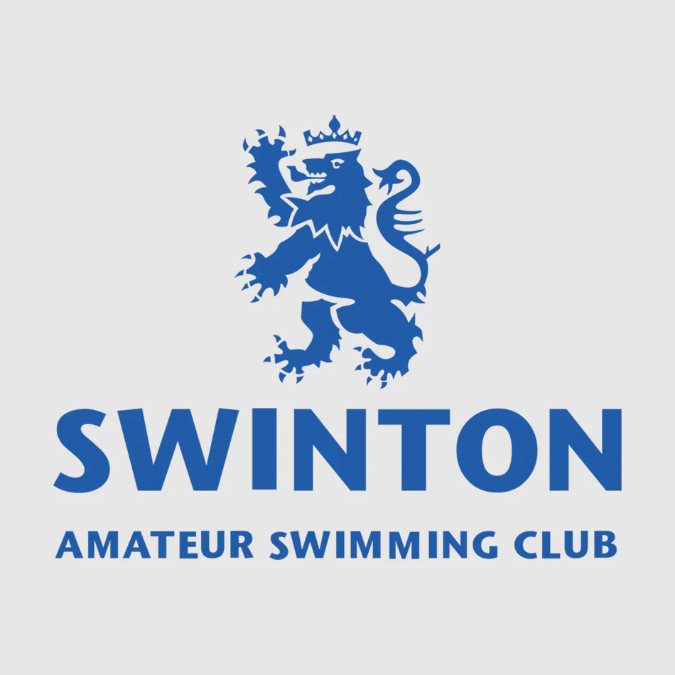 Swinton Amateur Swimming Club logo, blue lion crest with bold uppercase text reading Swinton Amateur Swimming Club, representing the official branding for Swinton Swimming Club with team swimwear and merchandise supplied by Buccaneer Group through their official club shop.